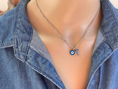 Evil Eye Cross Charms Necklace - Stainless jewelry - Gift for her - Tiny jewelry - Greek Gift