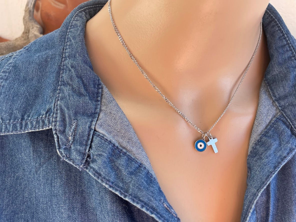 Evil Eye Cross Charms Necklace - Stainless jewelry - Gift for her - Tiny jewelry - Greek Gift