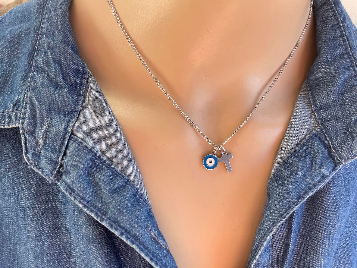 Evil Eye Cross Charms Necklace - Stainless jewelry - Gift for her - Tiny jewelry - Greek Gift