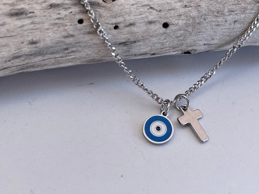 Evil Eye Cross Charms Necklace - Stainless jewelry - Gift for her - Tiny jewelry - Greek Gift