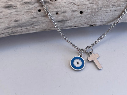 Evil Eye Cross Charms Necklace - Stainless jewelry - Gift for her - Tiny jewelry - Greek Gift