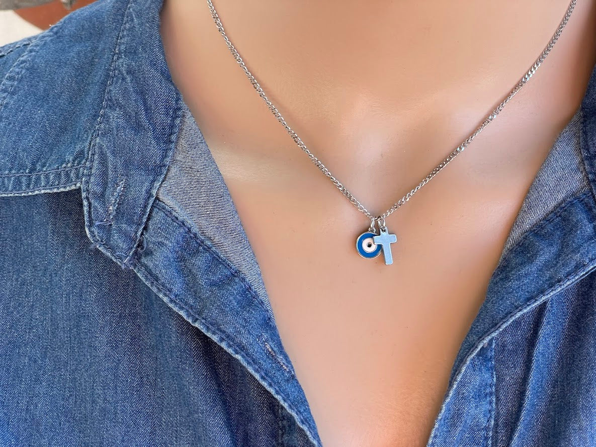 Evil Eye Cross Charms Necklace - Stainless jewelry - Gift for her - Tiny jewelry - Greek Gift