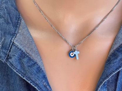 Evil Eye Cross Charms Necklace - Stainless jewelry - Gift for her - Tiny jewelry - Greek Gift