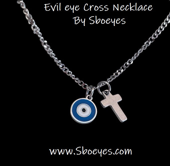 Evil Eye Cross Charms Necklace - Stainless jewelry - Gift for her - Tiny jewelry - Greek Gift