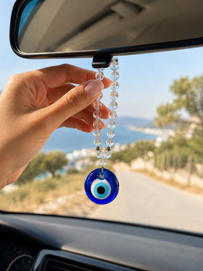 Greek Evil Eye Car Charm, Authentic Glass Nazar, Rearview Mirror Hanging, Crystal Beads,
