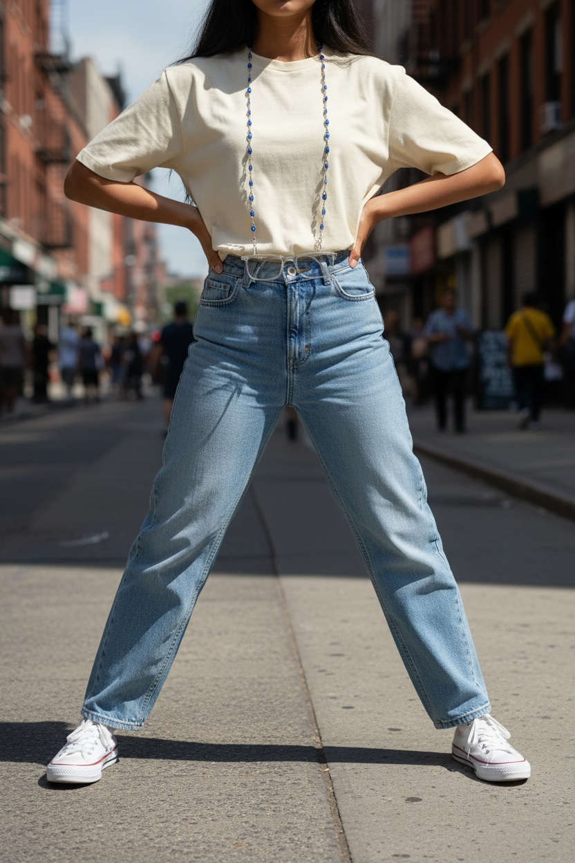 Person wearing a white shirt and blue jeans standing on a city street.