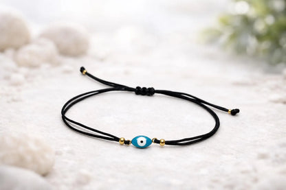 Bracelet Oeil Protecteur Ajustable – Bracelet Porte-Bonheur Œil Grec – Acier Doré Émaillé – Fil Noir – Unisexe