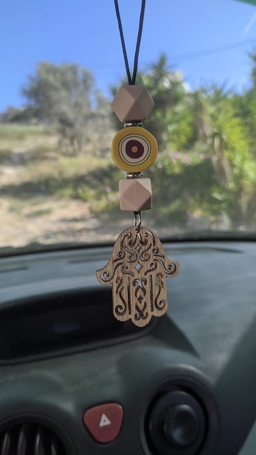 Wooden Hamsa Evil Eye Mirror Charm - New Driver Gift