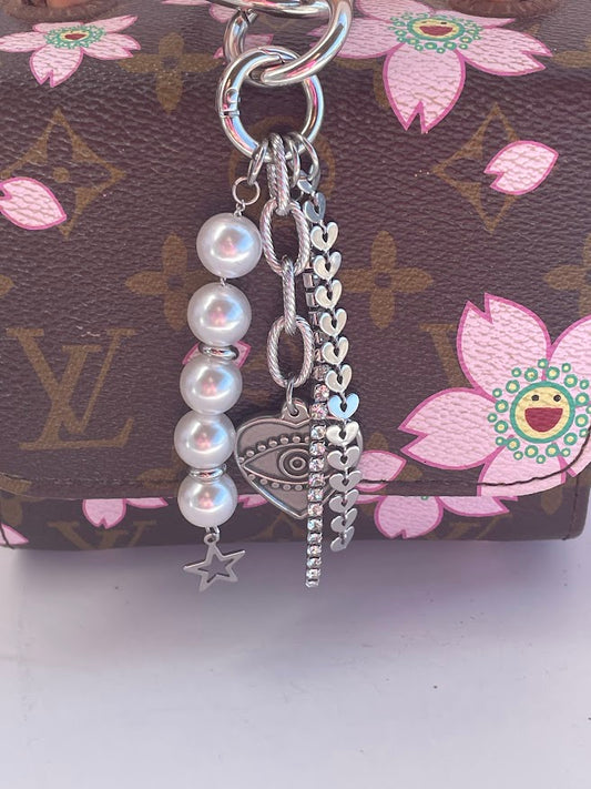 Pearls & Heart Bag Charm - Bag Accessory - Gift for Her