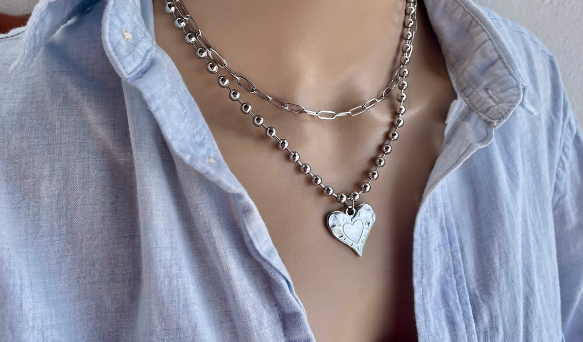 Collier Coeur Chaine Figaro en Acier Pour Femme 