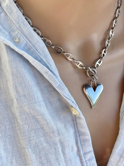 Big Silver Heart Statement Necklace - Stainless Steel Jewelry - Gift for Her