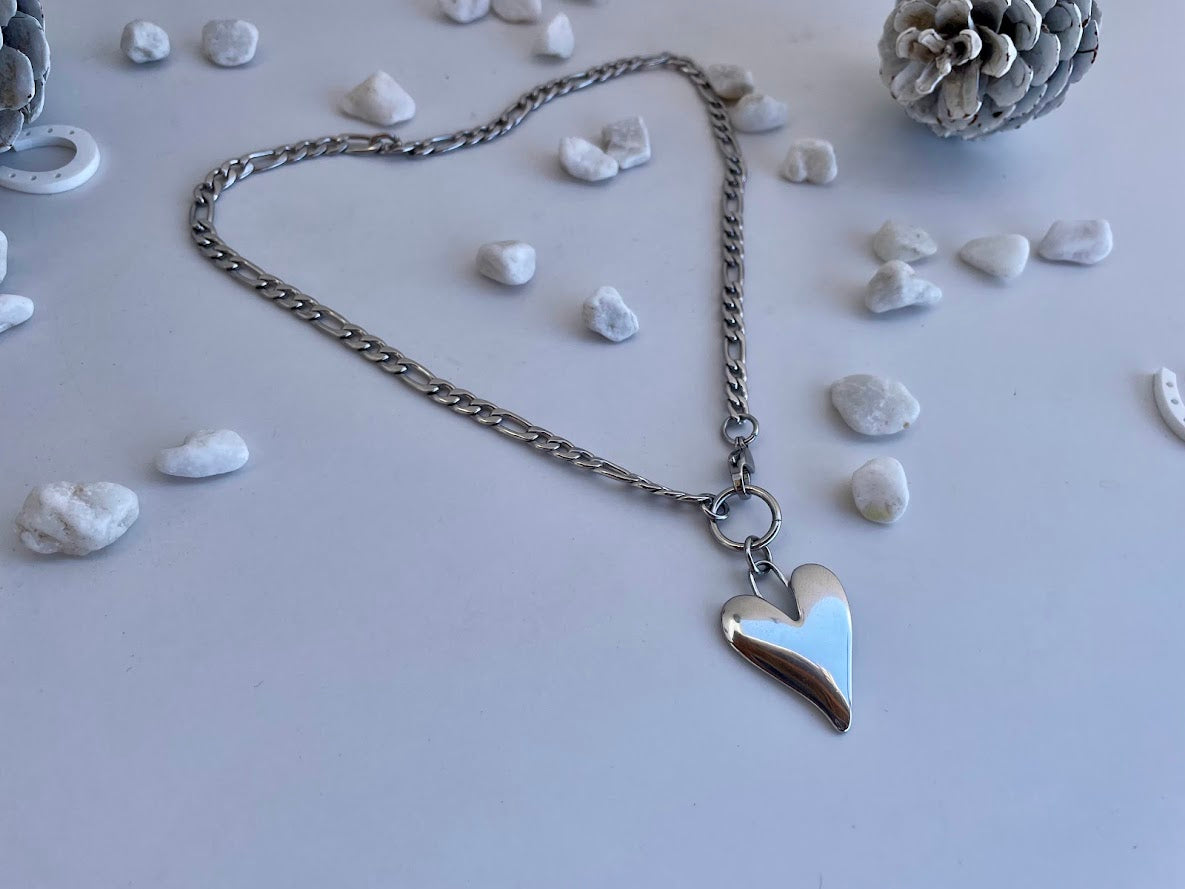 Big Silver Heart Statement Necklace - Stainless Steel Jewelry - Gift for Her