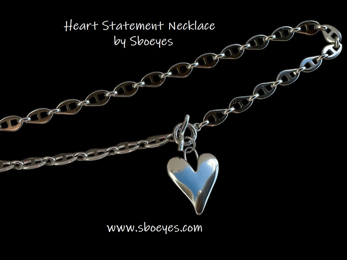 Big Silver Heart Statement Necklace - Stainless Steel Jewelry - Gift for Her