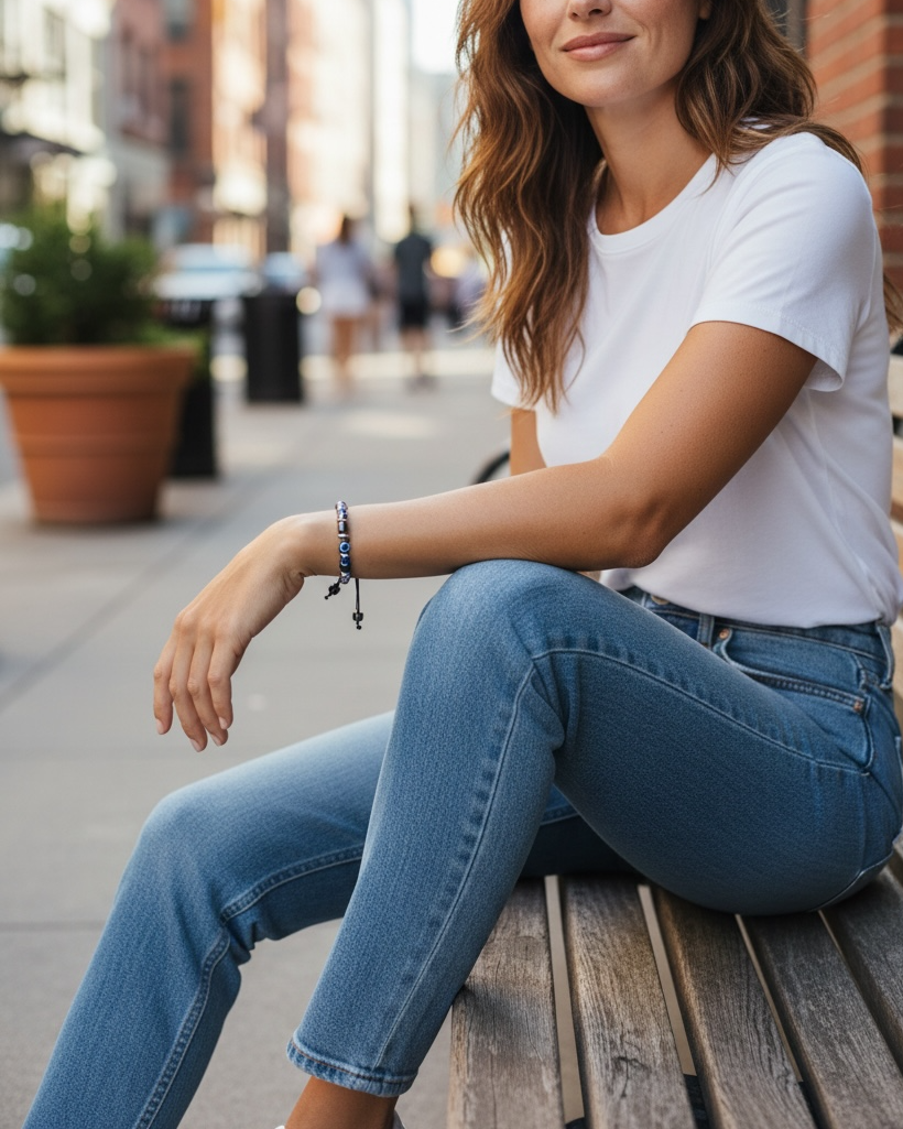 Woman sitting on a bench wearing a white t-shirt and blue jeans in an urban setting.
