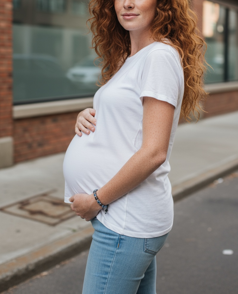 Pregnant woman wearing a white t-shirt and blue jeans standing on a sidewalk.