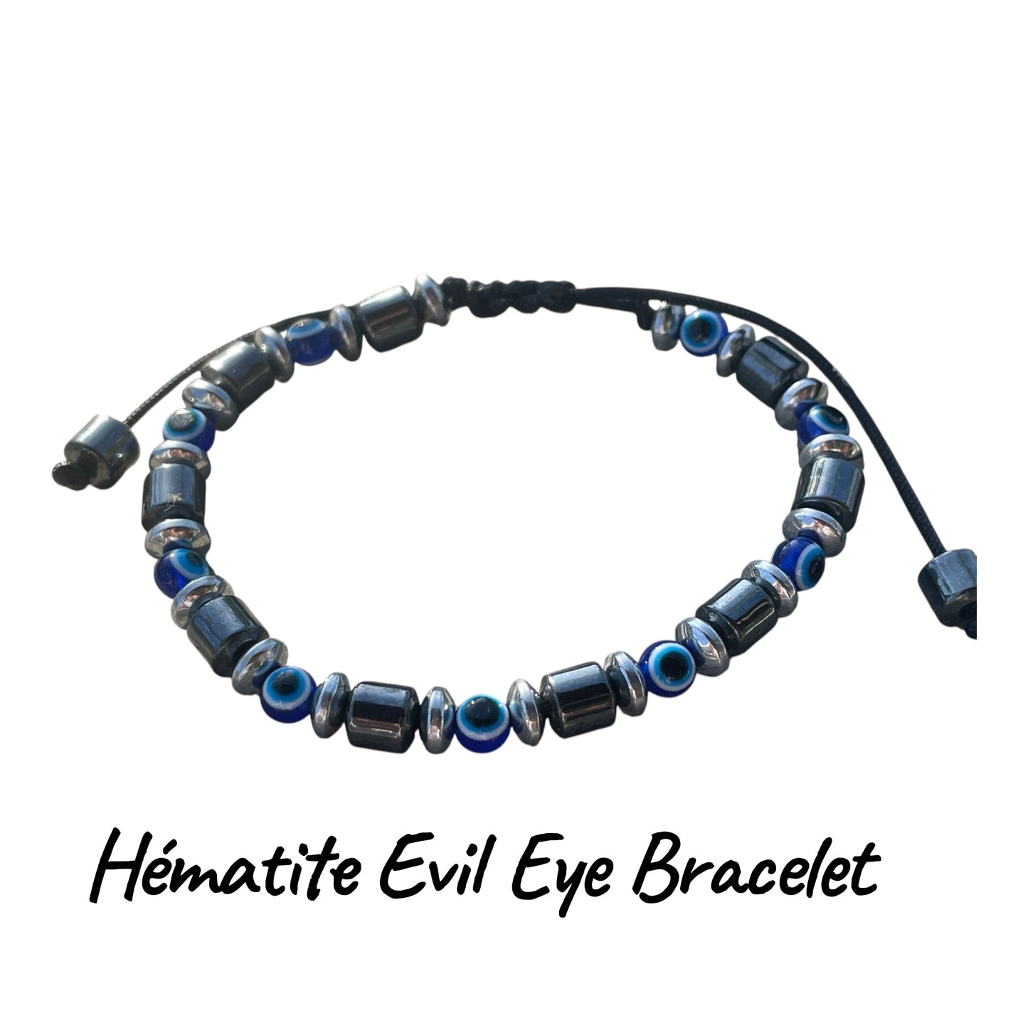 Blue Evil Eye & Hematite Bracelet – Unisex – Adjustable Macram
