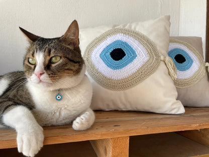 Handmade Evil Eye Cushion Cover - House Ornament - 16"X16" - Crochet Pillow - Greek Gift