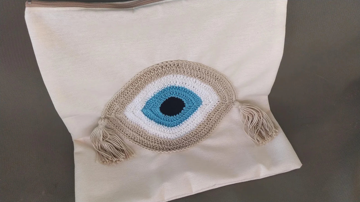 Handmade Evil Eye Cushion Cover - House Ornament - 16"X16" - Crochet Pillow - Greek Gift