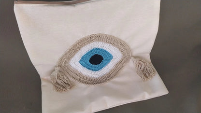 Handmade Evil Eye Cushion Cover - House Ornament - 16"X16" - Crochet Pillow - Greek Gift