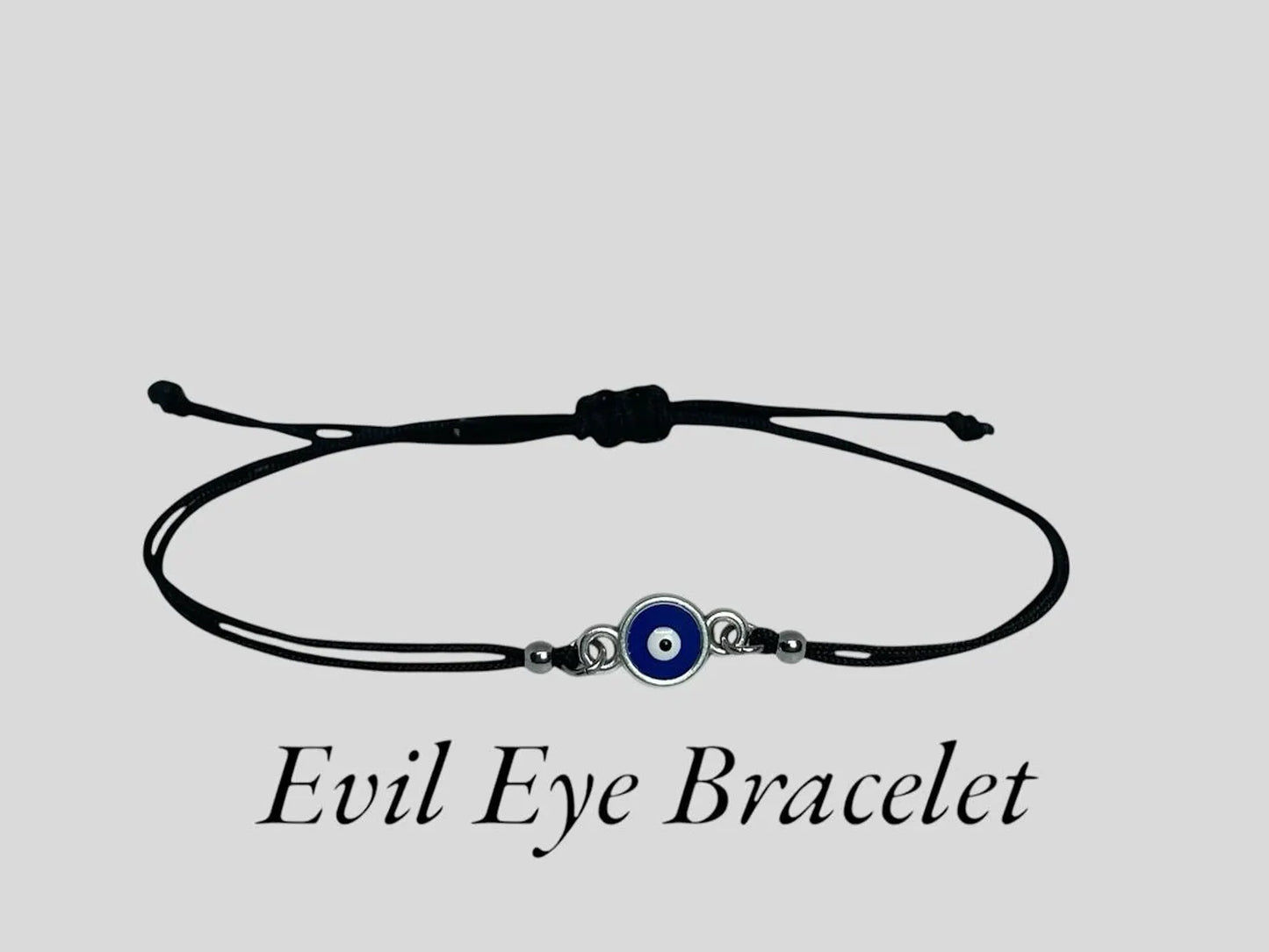 Evil Eye Bracelet: Silver Plated Charm, Black Cord, Good Luck