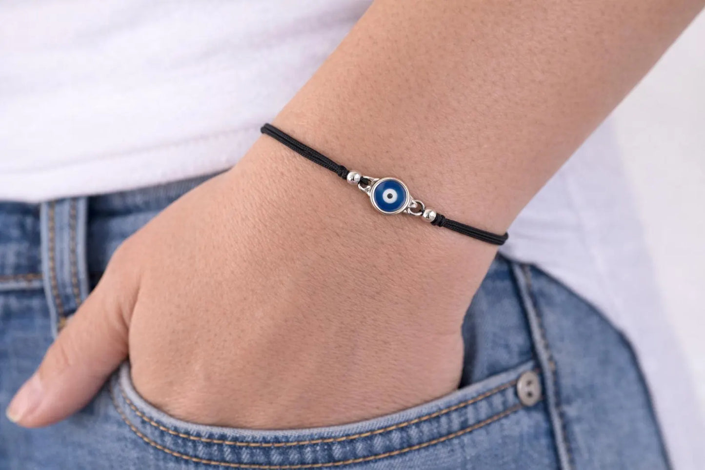 Evil Eye Bracelet: Silver Plated Charm, Black Cord, Good Luck
