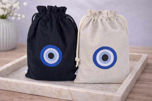 Embroidered Drawstring Evil Eye Pouch - Two Sizes & Two Colors