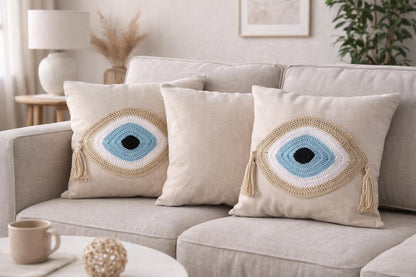 Housse de Coussin Oeil Bleu au Crochet