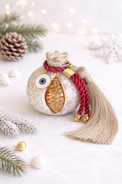 Evil Eye Ceramic Pomegranate with Tassel - Greek Gouria - New Year Gift