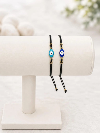 Bracelet Oeil Protecteur Ajustable – Bracelet Porte-Bonheur Œil Grec – Acier Doré Émaillé – Fil Noir – Unisexe
