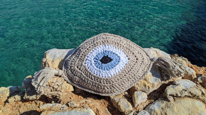 Handmade Cycladic Evil Eye Cushion – Crochet Design with Tassel Details