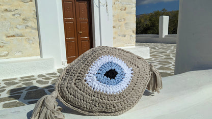 Handmade Cycladic Evil Eye Cushion – Crochet Design with Tassel Details