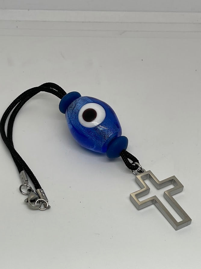 Bijou Retroviseur Croix & Oeil Bleu - Accessoire Voiture 