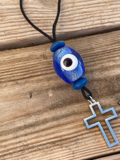 Bijou Retroviseur Croix & Oeil Bleu - Accessoire Voiture 