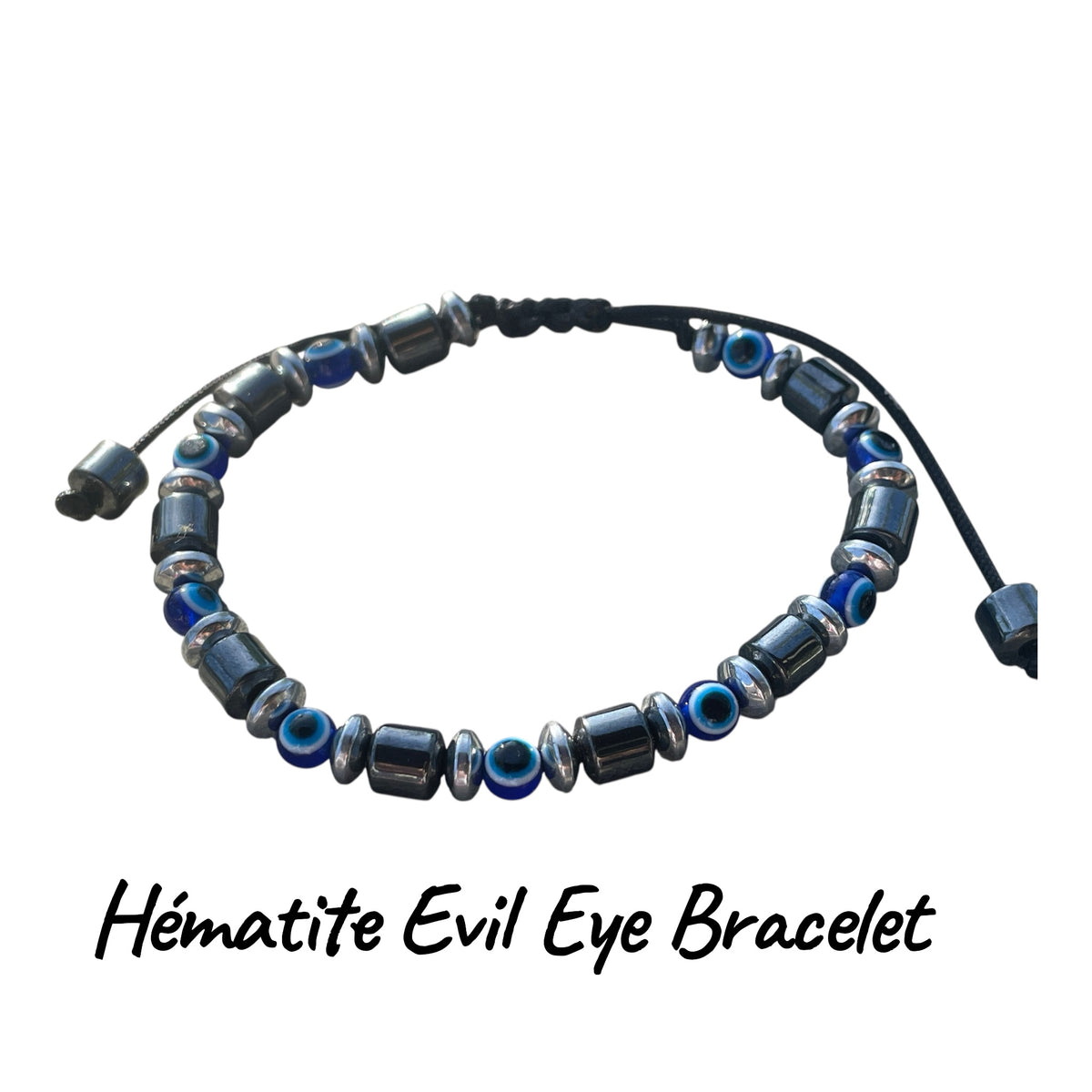 Hematite evil eye bracelet on a white background