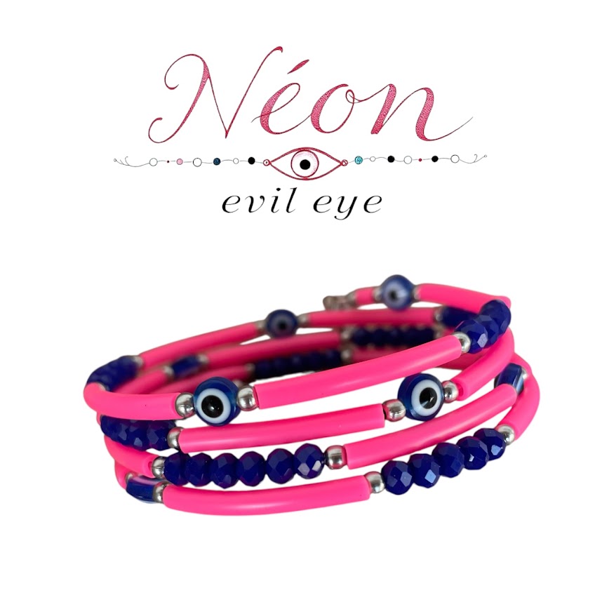 Neon pink and blue beaded bracelet with 'Néon evil eye' branding on a white background