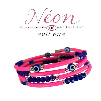Neon pink and blue beaded bracelet with 'Néon evil eye' branding on a white background