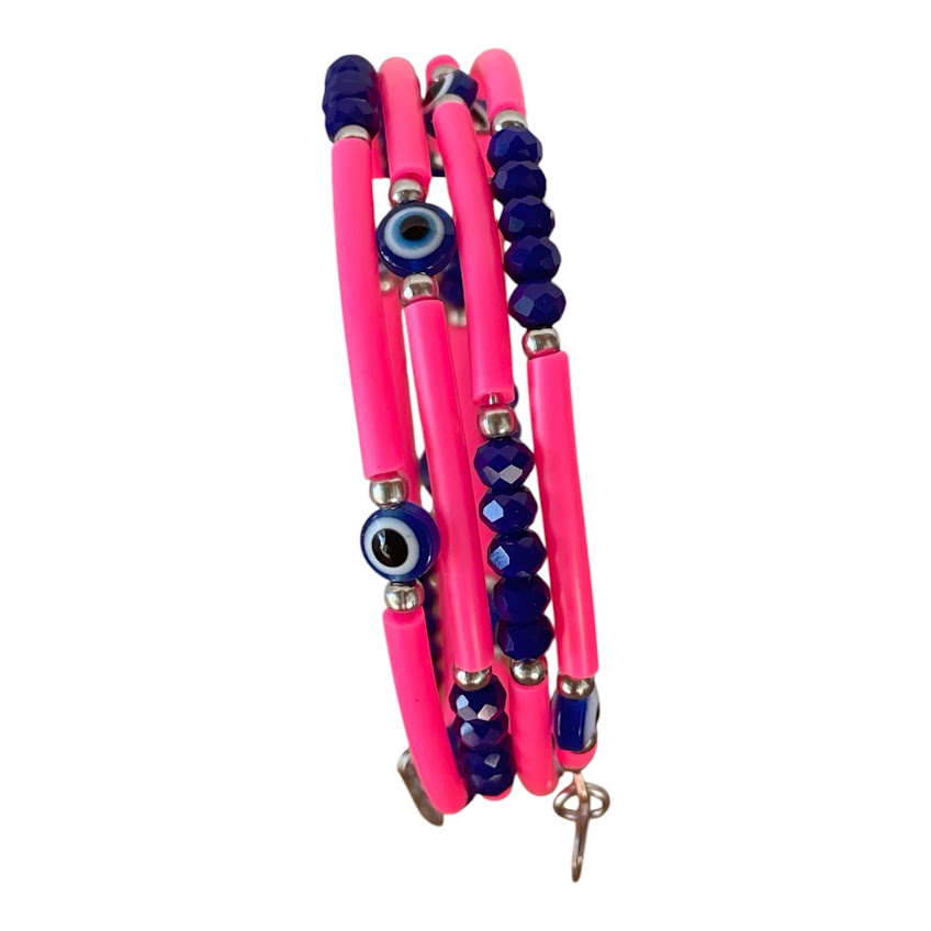 Neon pink bracelet with blue beads on a white background
