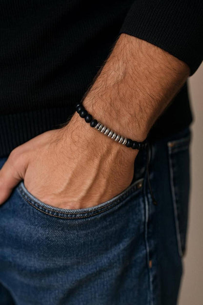 Men’s Mat Onyx & Silver Hematite Bracelet - Gift for Him