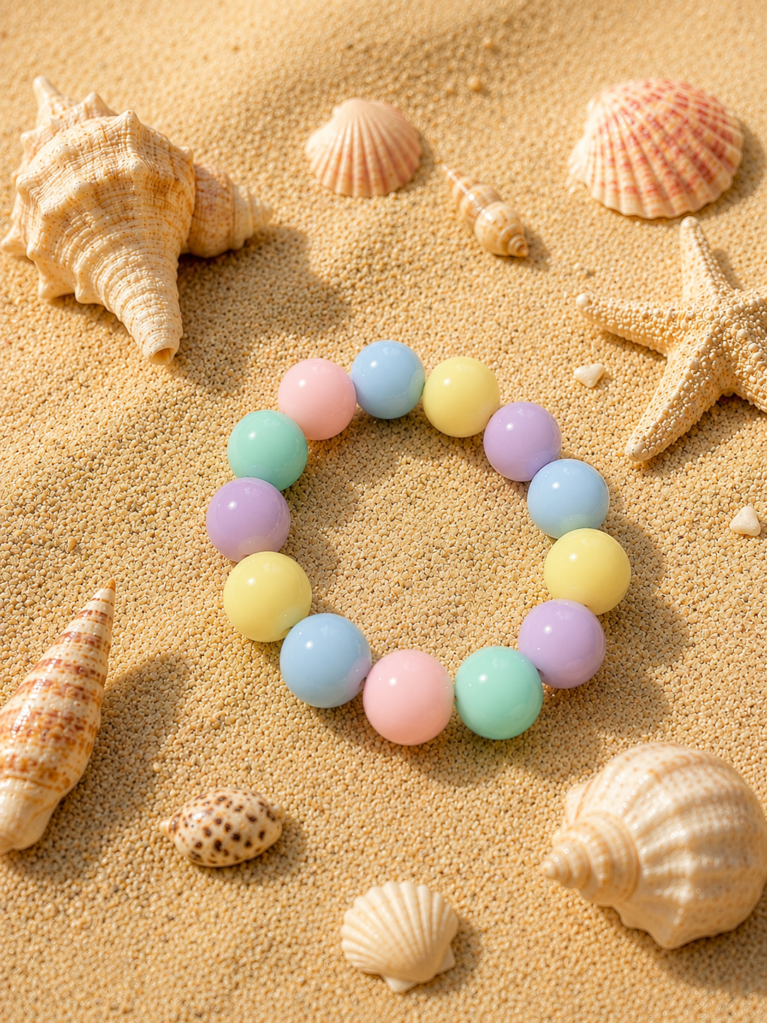 Colorful beaded bracelet on sand with shells and a starfish