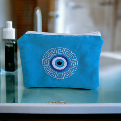 Evil Eye Meander Zipper Pouch – Handmade Greek Purse – Greek Gift