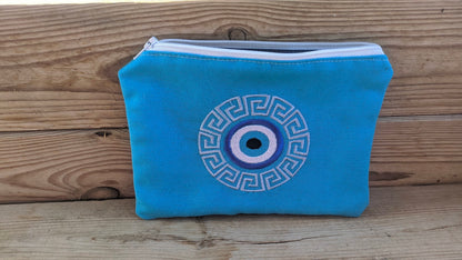 Evil Eye Meander Zipper Pouch – Handmade Greek Purse – Greek Gift