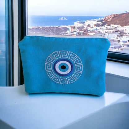 Evil Eye Meander Zipper Pouch – Handmade Greek Purse – Greek Gift