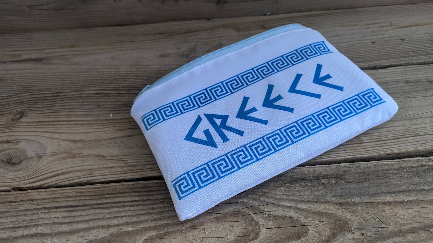 Greek Key Blue Pouch - Handmade Zipper Bag - Made in Greece