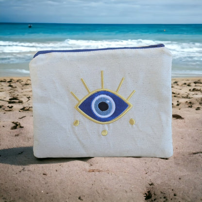 Fabric Pouch With Embroidered Eye - Evil eye Bag - Handmade pouch