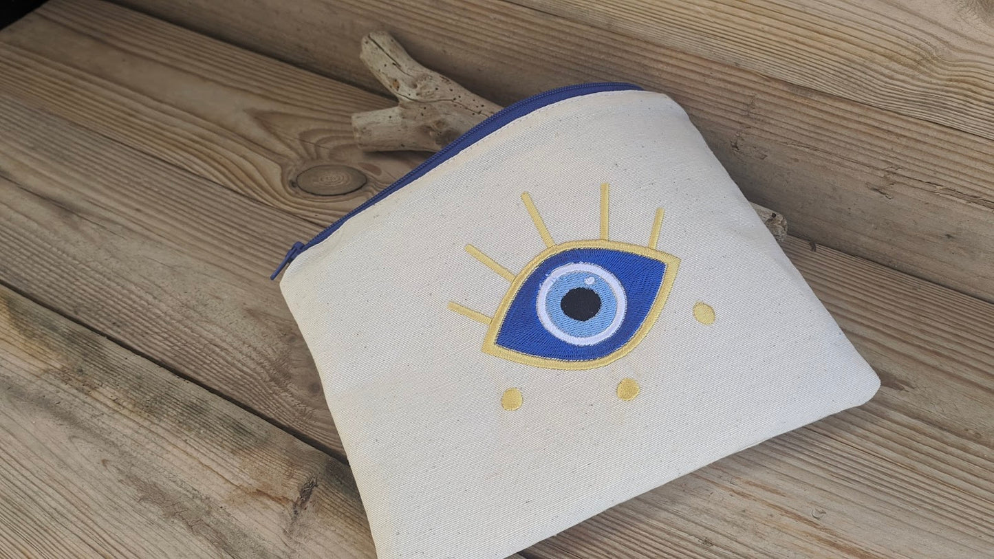 Fabric Pouch With Embroidered Eye - Evil eye Bag - Handmade pouch