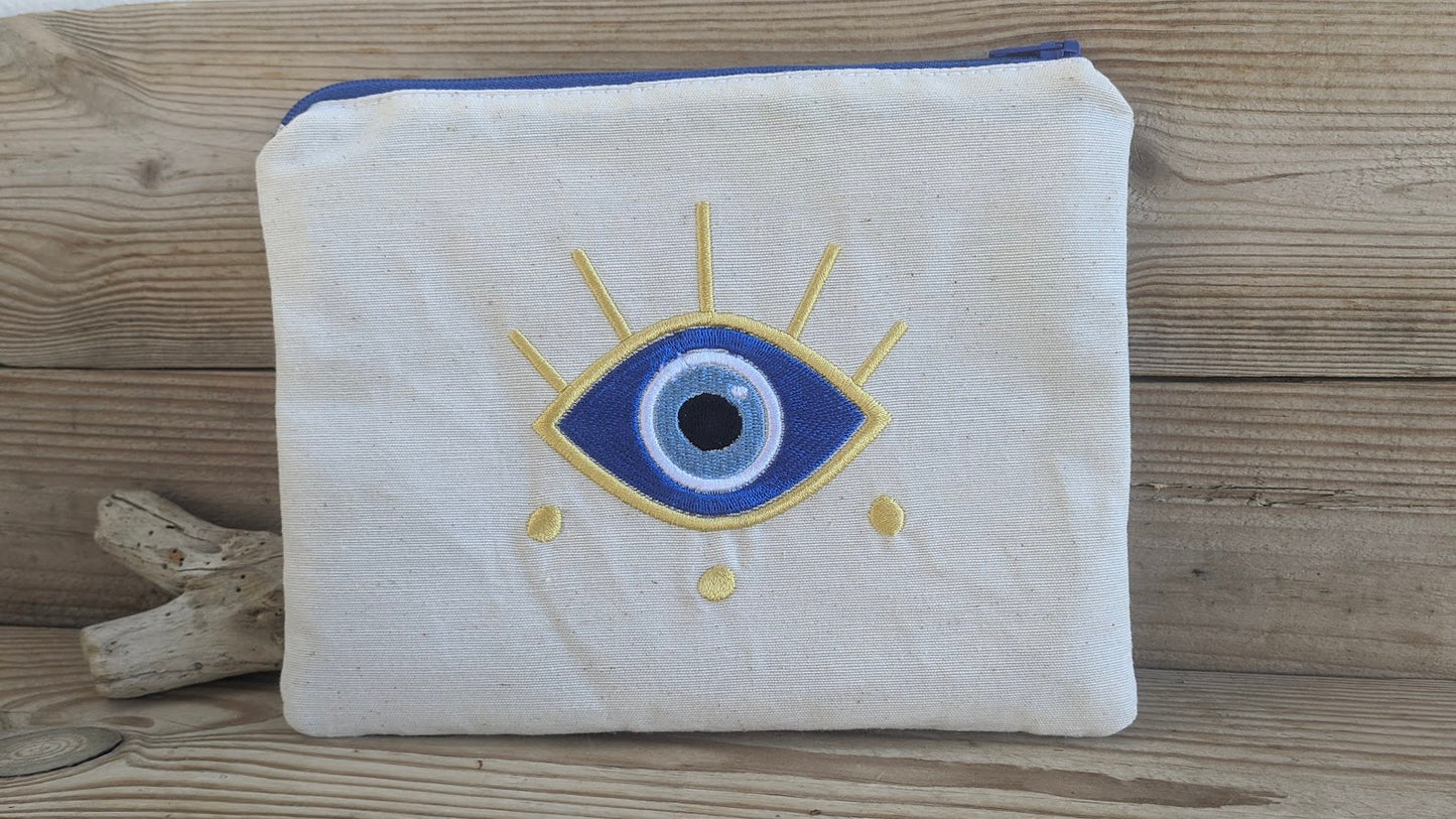 Fabric Pouch With Embroidered Eye - Evil eye Bag - Handmade pouch