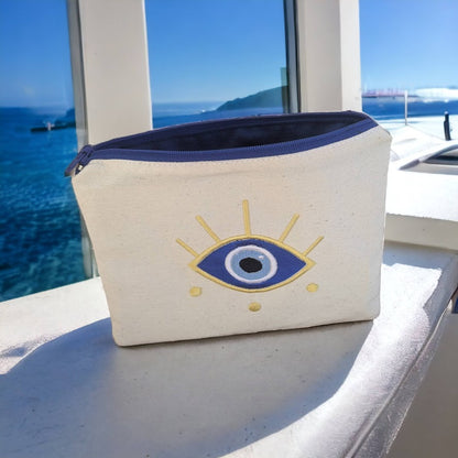 Fabric Pouch With Embroidered Eye - Evil eye Bag - Handmade pouch