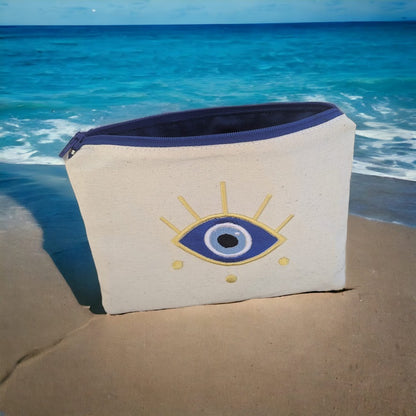 Fabric Pouch With Embroidered Eye - Evil eye Bag - Handmade pouch