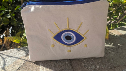 Fabric Pouch With Embroidered Eye - Evil eye Bag - Handmade pouch
