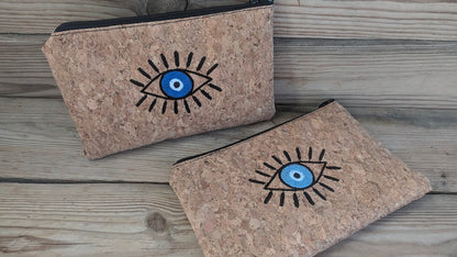 Cork Evil Eye Embroidered Purse - Greek Gift - Evil Eye accessory